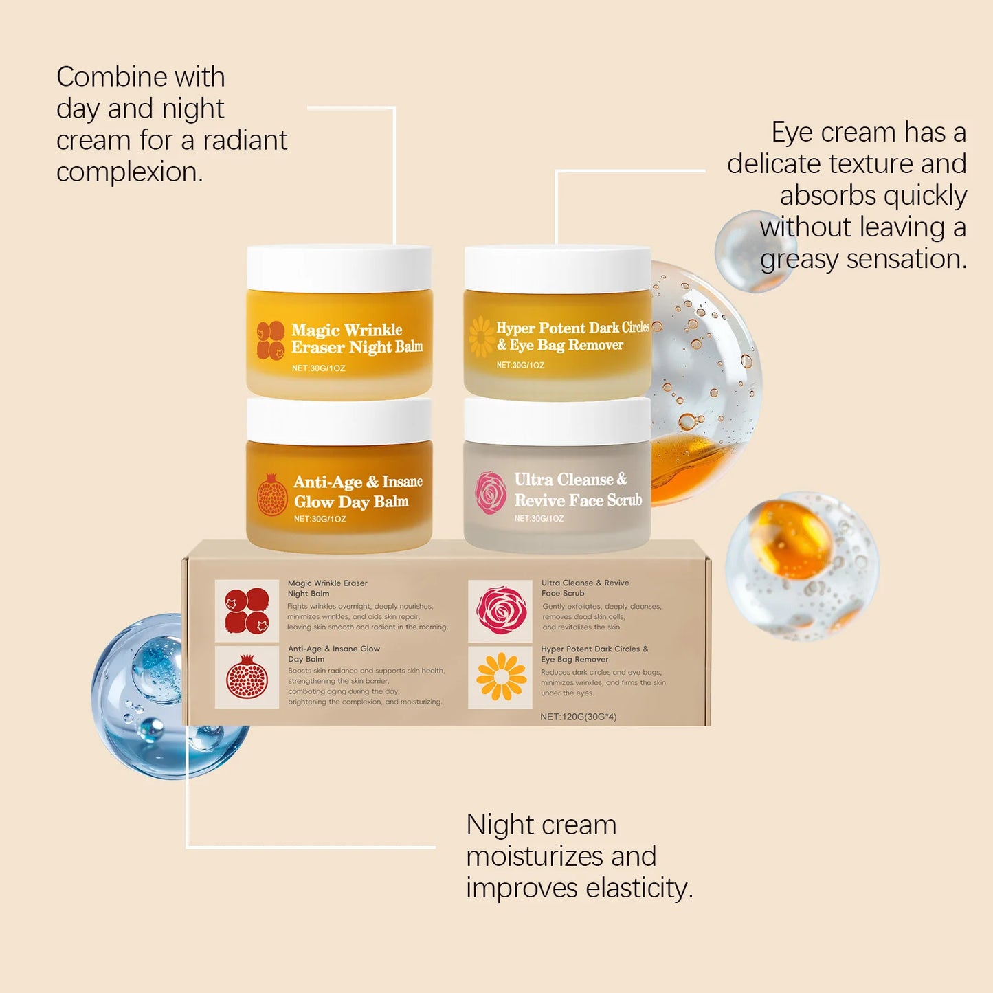 Night Day Cream for Face - Wrinkle Remover Instant Anti Dark Circles and Eye Bags Professional Facial Scrub for Glowing Skin 30g
