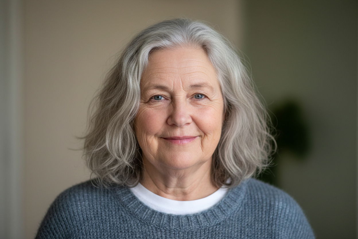 A mature Scandinavian woman around 60–65 years old, soft friendly smile, rounder face shape, shoulder-length wavy grey hair, light blue eyes, natural aging signs, casual everyday clothing. Realistic portrait, authentic, approachable, not glamourous, not a model. Neutral background.