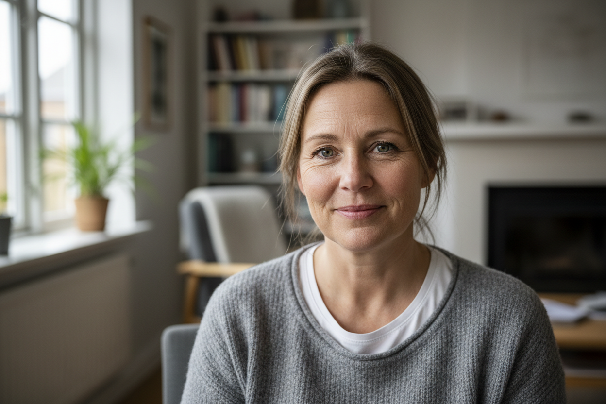 A realistic portrait photo of a middle-aged Danish woman in her mid-40s, natural indoor lighting, minimal makeup, casual clothing, neutral home background, authentic facial expression, slight smile, realistic skin texture, no glamour, no studio lighting, documentary-style customer testimonial photo
