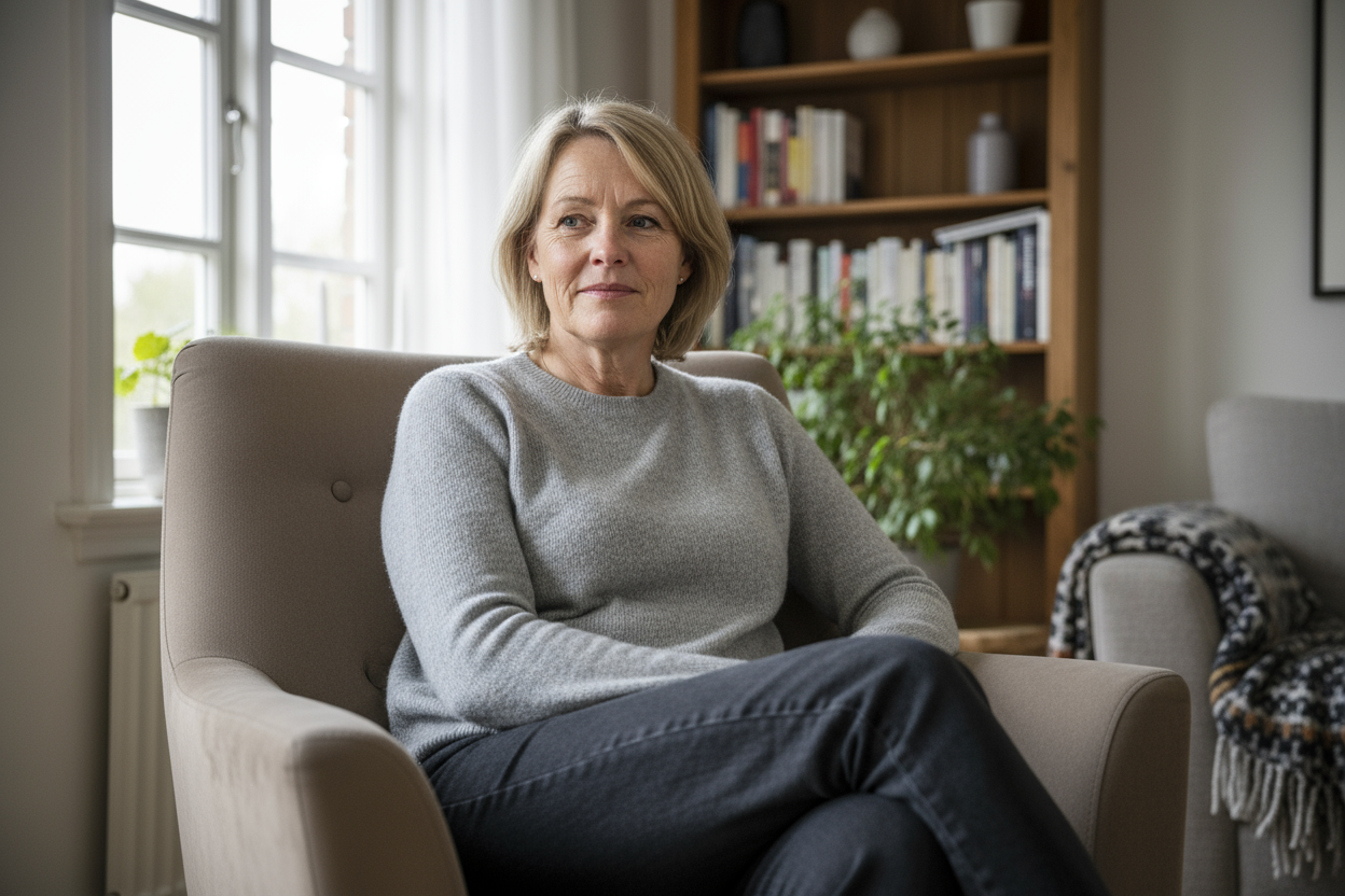 “realistisk dansk kvinne i begynnelsen av 50-årene, kort eller skulderlangt hår, naturlig lys, avslappet ansikt, sitter i sofa eller stol, hverdagsantrekk, ekte kunde-look, ikke glam, ingen poser, nøytral og troverdig stil”