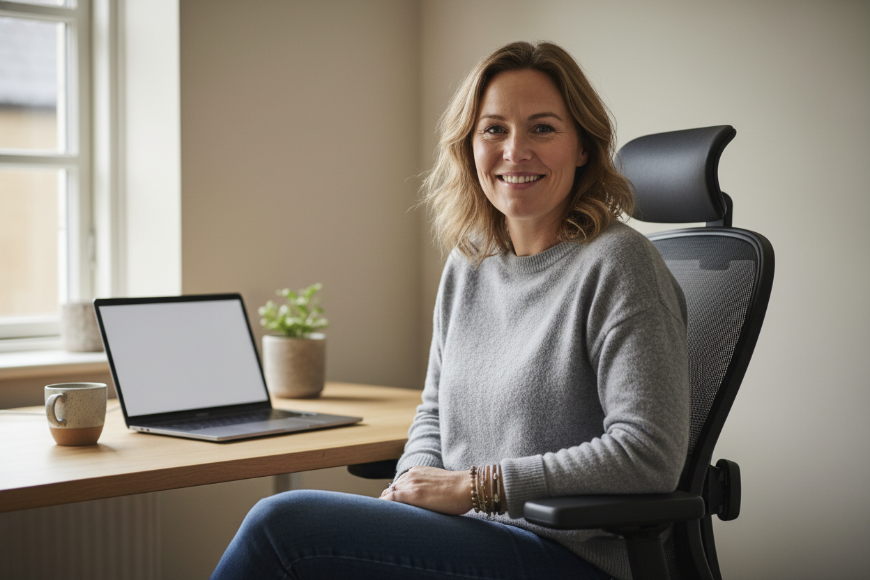 “realistisk dansk kvinne i slutten av 30-årene, naturlig sminke, vennlig uttrykk, sitter i en kontorstol eller hjemme ved et bord, nøytral bakgrunn, hverdagsklær, ikke modellaktig, ekte kunde-følelse, høy kvalitet, mykt lys”