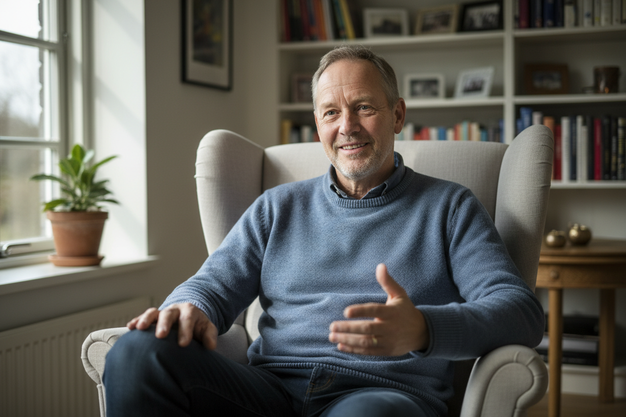 “realistisk dansk mann 58 år, vennlig uttrykk, sitter i bilsete eller stue-stol, hverdagsklær, naturlig lys, ikke posert, ekte kunde-følelse, medium avstand portrett”