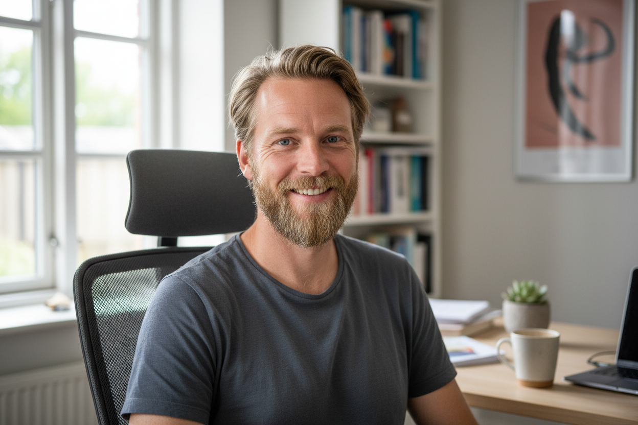 “realistisk dansk mann i midten av 30-årene, lett skjeggstubb, sitter ved et skrivebord eller i en kontorstol, vanlig t-skjorte eller skjorte, naturlig belysning, ekte og troverdig kundeportrett, ikke modellutseende”