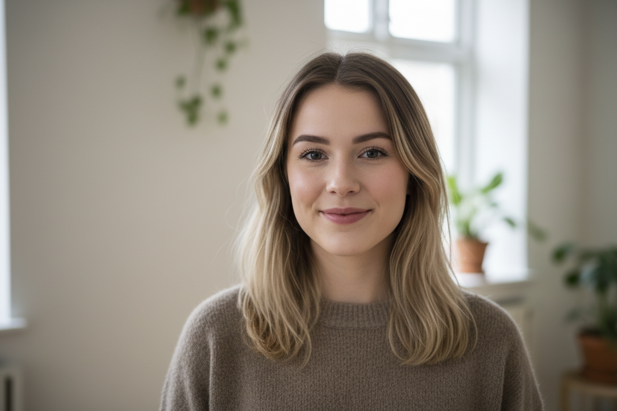 “Realistisk portræt af en dansk kvinde sidst i 20’erne. Naturligt look, let makeup, lys skandinavisk hudtone, mørkblondt eller brunt hår. Blød belysning, neutralt baggrundsmiljø som lejlighed eller lys væg. Udtryk: mildt smil, afslappet, troværdig kundeanmeldelse. Ingen glamour, ingen modeller, ingen kraftig retouchering.”